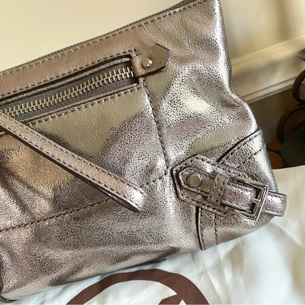 Michael Kors Fallon Metallic gray leather Wristlet Clutch with dust bag NWOT